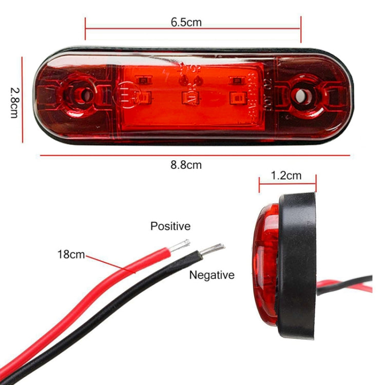 Red 3-LED side marker light with size diagram and wiring polarity marks