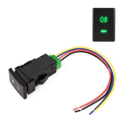Black fog light on-off button switch with green illuminated icon and cable connector
