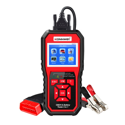KONNWEI handheld OBD2 fault diagnosis and battery tester, red and black with screen