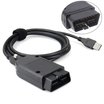 OBD2 test cable with USB connector and OBD plug, black cable with molded housing