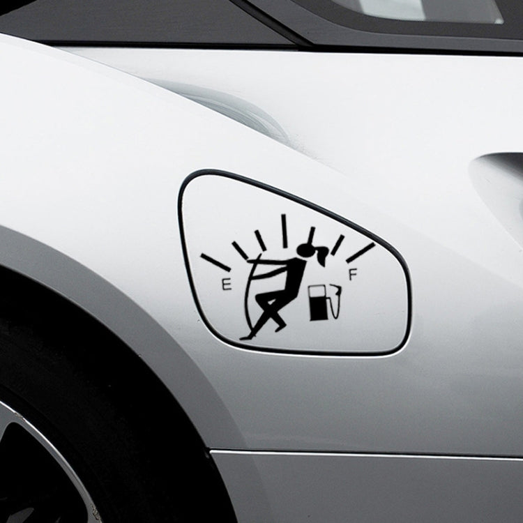 Reflective car sticker on side panel showing female fuel gauge pointer with E and F icons