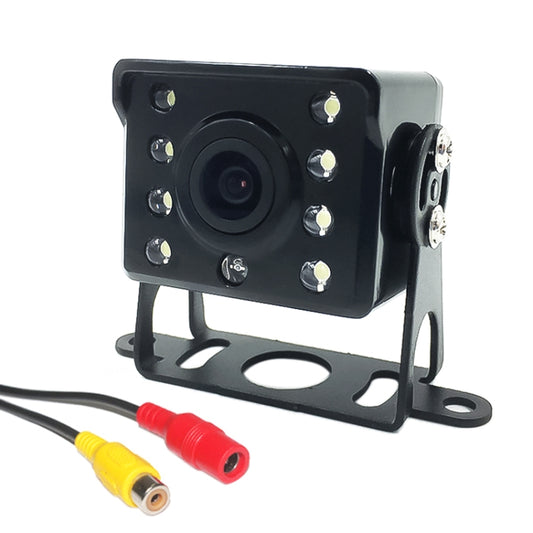 Black backup reverse camera with metal mounting bracket and RCA video connectors