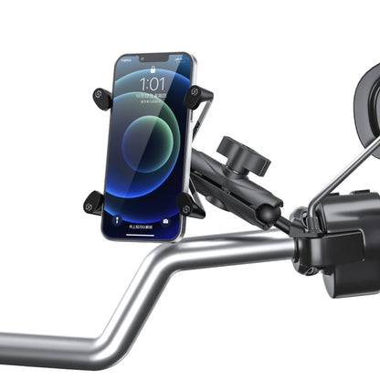 Motorcycle rear-view mirror phone holder with X-shaped aluminum alloy clamp and phone mount