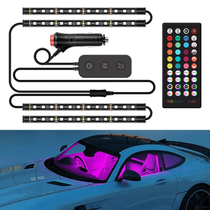 RGB LED car atmosphere light kit with light bars, controller, and cigarette-lighter power lead