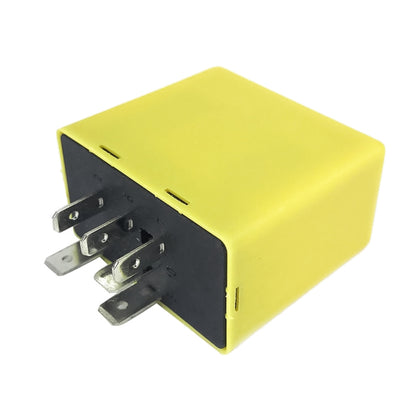 Car indicator flasher relay with yellow housing and black switch pins, 6-pin style.