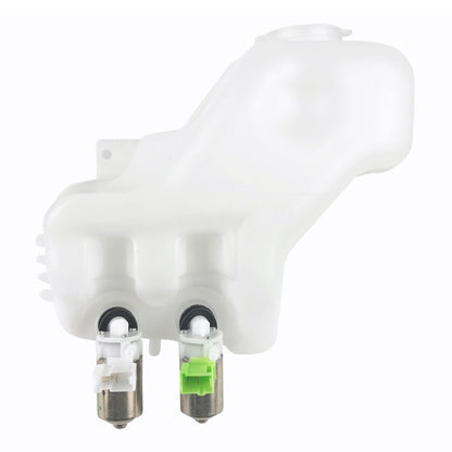Two-hole washer fluid tank kit, white plastic with two metal nozzles and green plug
