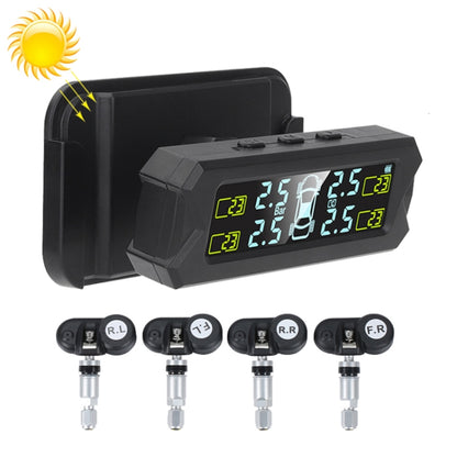 Solar-powered TPMS tire pressure monitor receiver with four valve sensors and LCD display