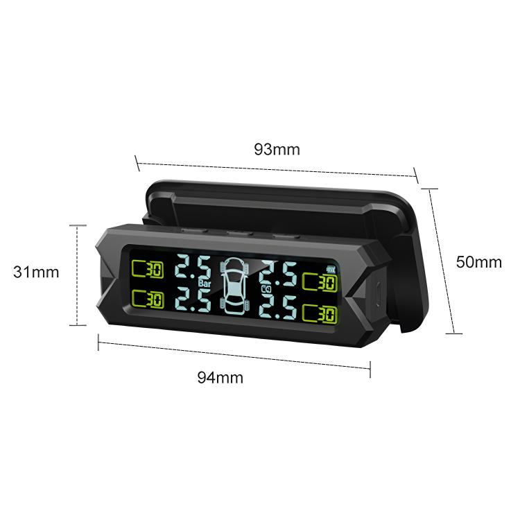 Solar TPMS sensor display unit showing tire pressure in bar with icons