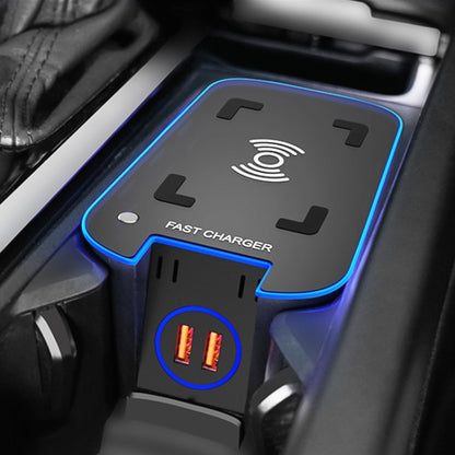 Black 15W wireless car charger with blue LED ring and Qi charging icon
