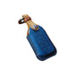 Blue leather key fob cover with brown top strap and metal keyring loop