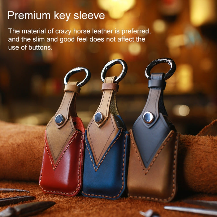 Leather key fob covers three-pack: blue, red, and brown with metal keyrings