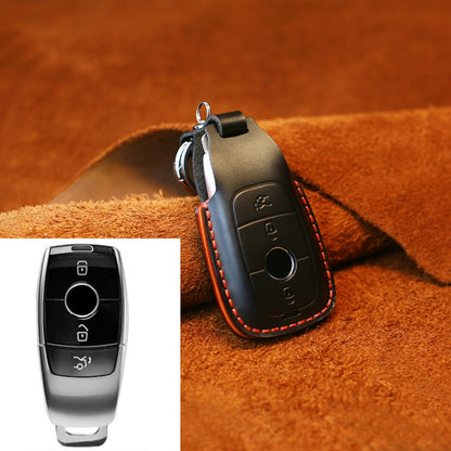 Leather car key protective cover case, black with red edge stitching and keyring loop