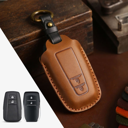 Brown leather key protective cover with key ring and stitched edges, two-key style