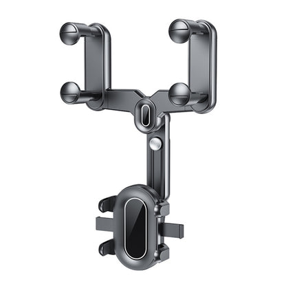 Black snap-on rearview mirror phone holder with adjustable clamp and swivel mount