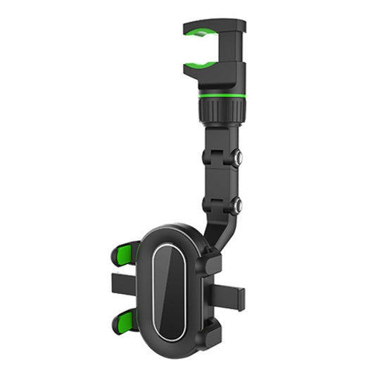 Green car rearview mirror phone holder with oval clamp and swivel arm