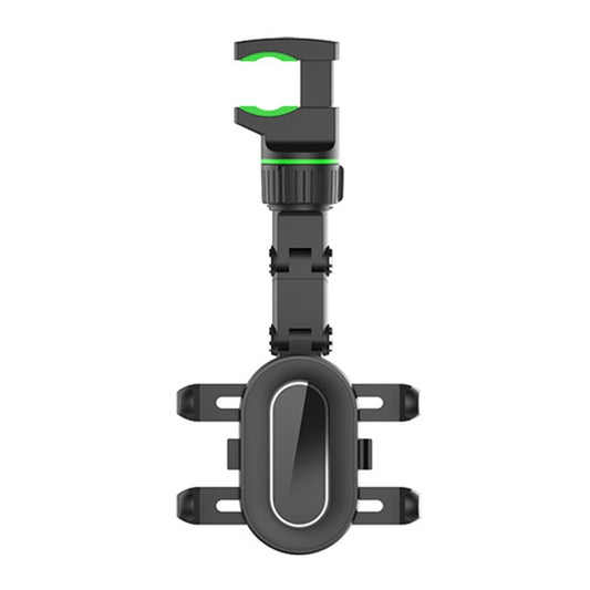 Green adjustable rearview mirror phone holder with twin clamps and swivel base