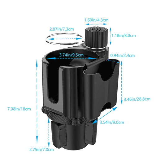 Black car cup holder rack with cup insert, phone/card slot, and cylindrical top knob
