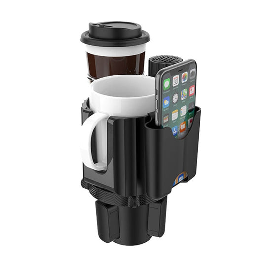 Car cup holder rack with phone slot, drink cup insert, and adjustable side holder, black/white