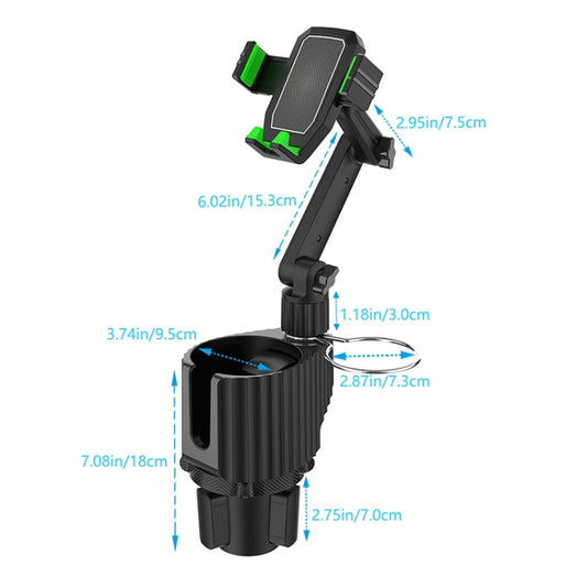 Car phone holder on extendable arm with cup rack base and 360 rotating platform