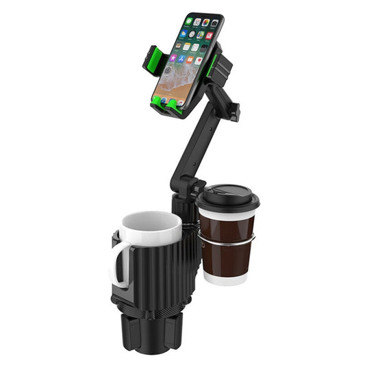 Car beverage rack with phone holder and cup holder, black base with two cup slots