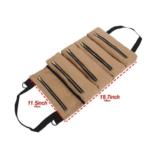 Khaki canvas tool storage bag with multiple zip pockets and size guide