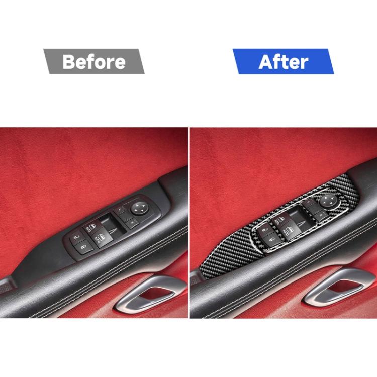 Before-and-after of carbon fiber window switch trim sticker on door controls