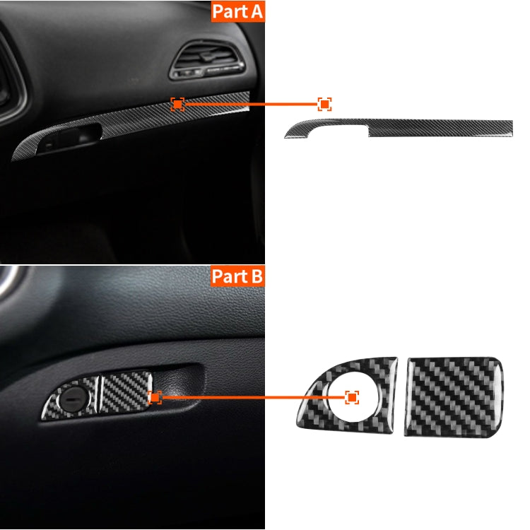Carbon fiber co-pilot storage box trim sticker set shown on dash panel, part A and B