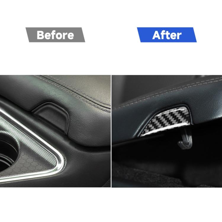 Carbon fiber storage button trim shown on car center console, split before/after view