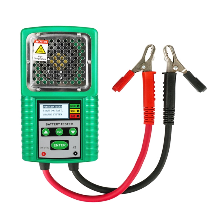 Car battery tester and charger, green handheld unit with LCD and test probes