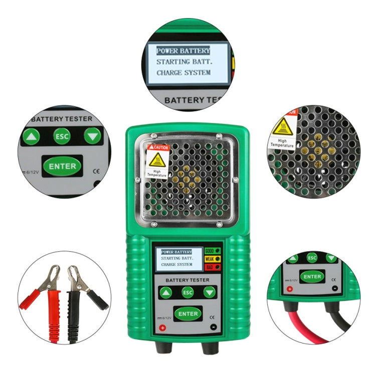 Battery tester kit with green unit, buttons, and red/black alligator clip cables