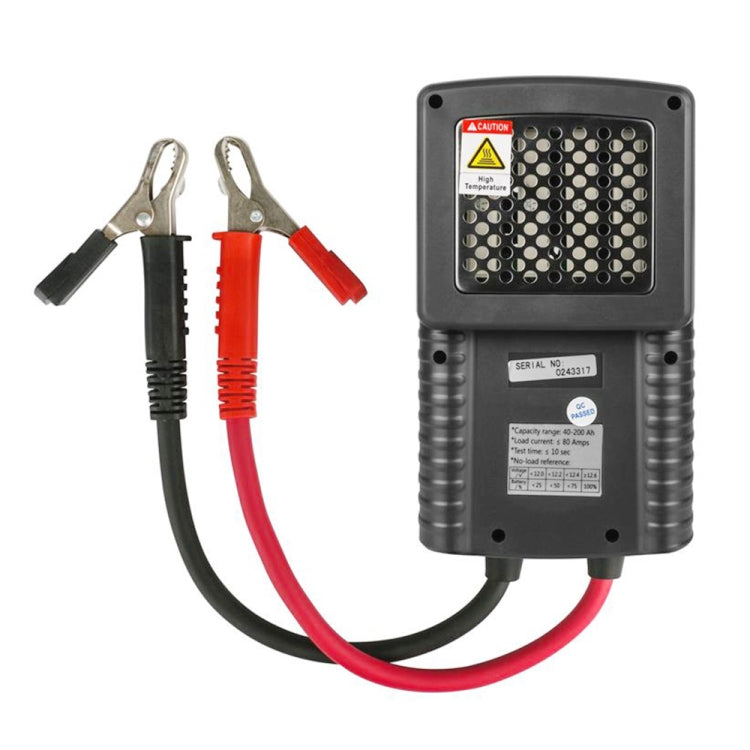 Digital battery capacity tester with rear label and connected red and black clamp leads