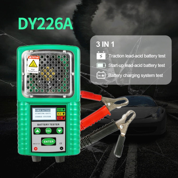 Green digital car battery tester with red and black clamp leads, 3-in-1 device