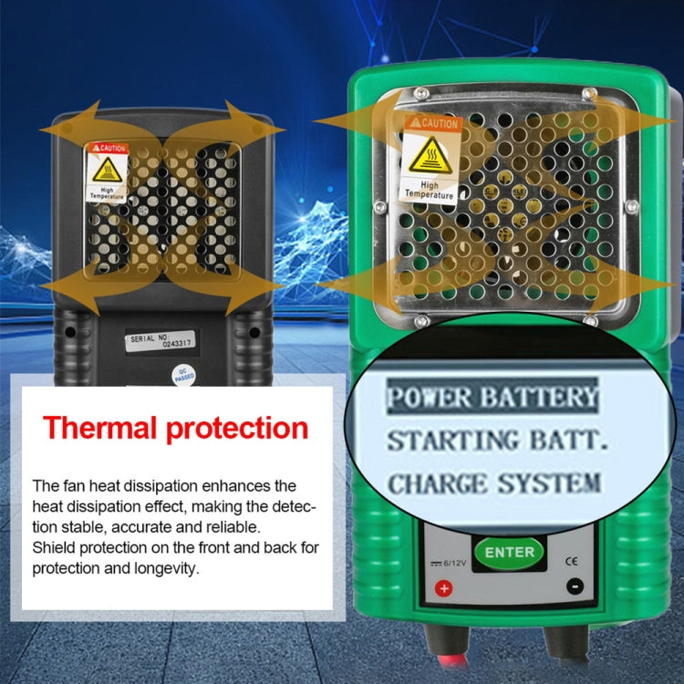Car battery tester with green body and LCD, red and black charging clips attached