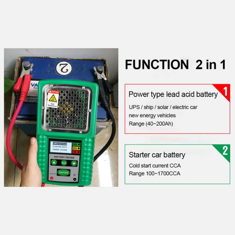 Battery tester and charger device held in hand with red and black cable clamps