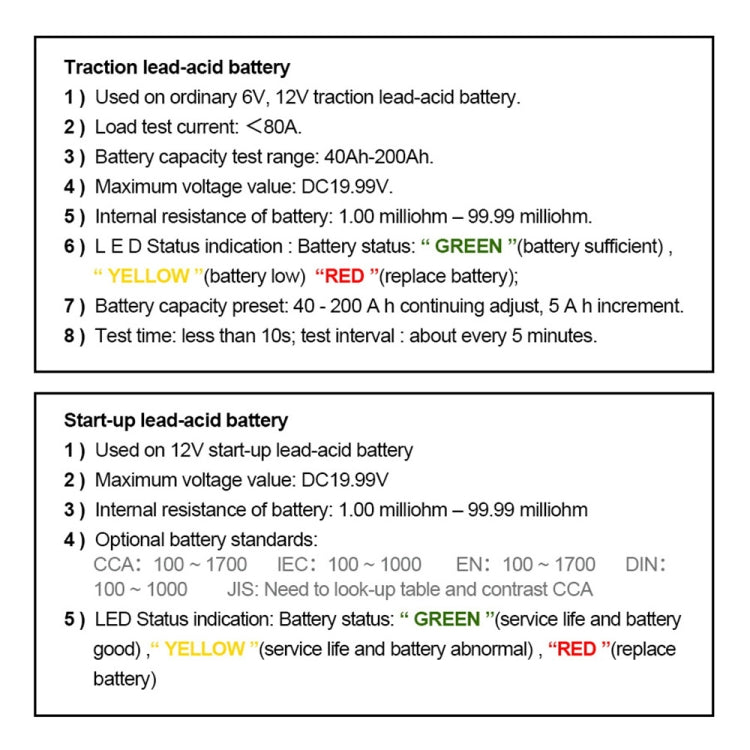 Instruction table for traction and start-up lead-acid battery testing