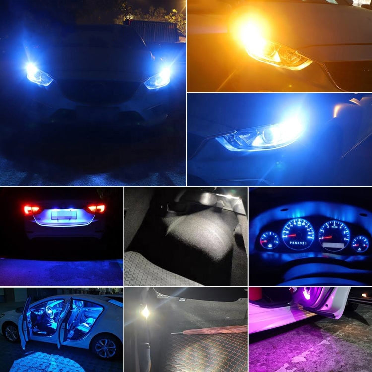 Illuminated LED car clearance lights in blue, red, and white beams on vehicle