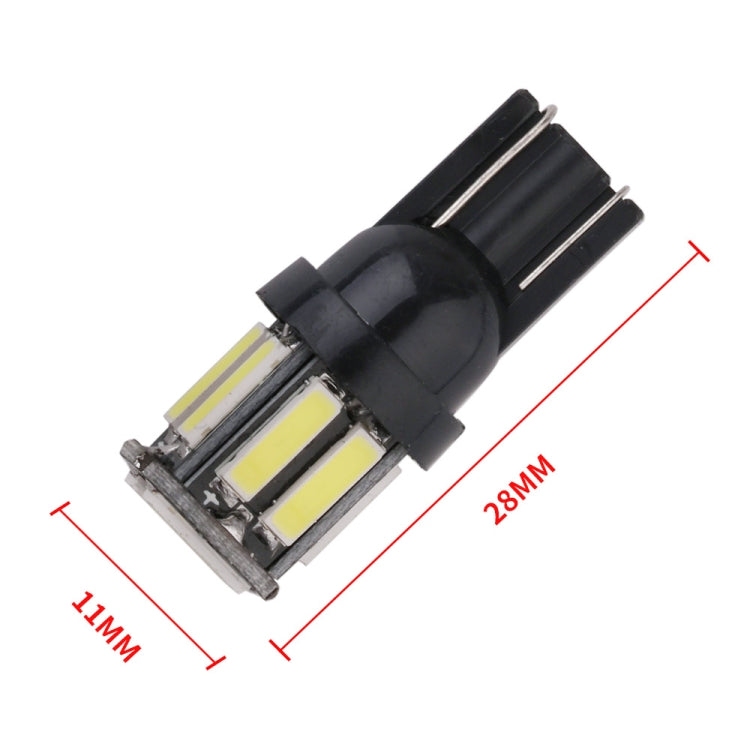 T10 LED bulb angled view with black base, dual SMD panels, and size markers