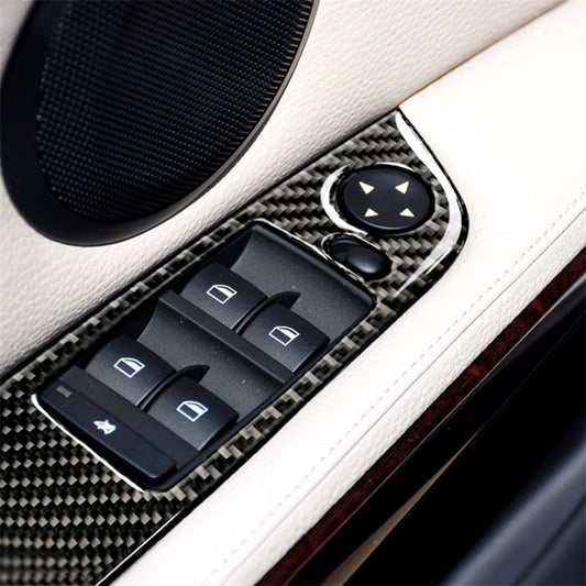 Carbon fiber trim stickers set for car window and mirror switch panel, with blue/red accents