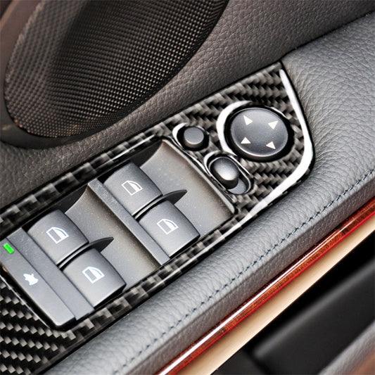 Carbon fiber dash trim sticker set with three-color accents and window switch buttons