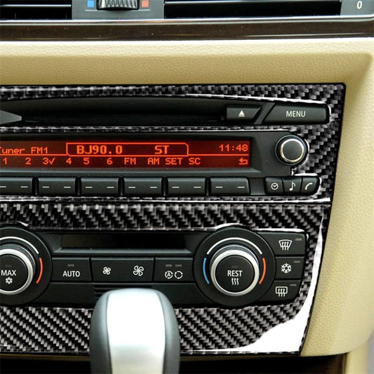 Carbon fiber style CD panel trim sticker with radio controls, for car center console