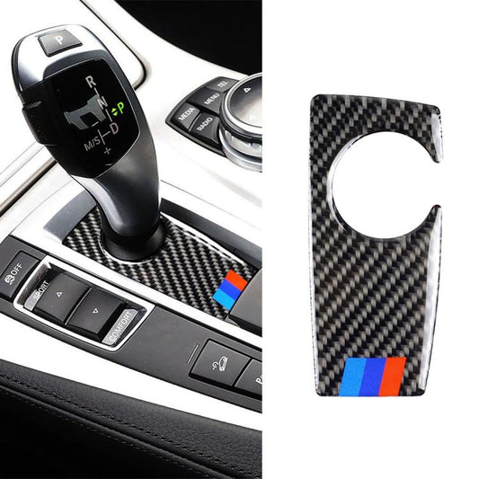 Carbon fiber handbrake surround sticker with tricolor stripe, installed and shown separately