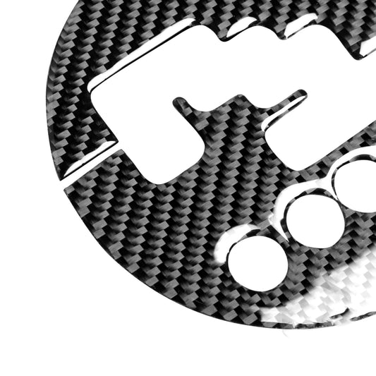 Close-up carbon fiber gear panel sticker with openings and patterned finish