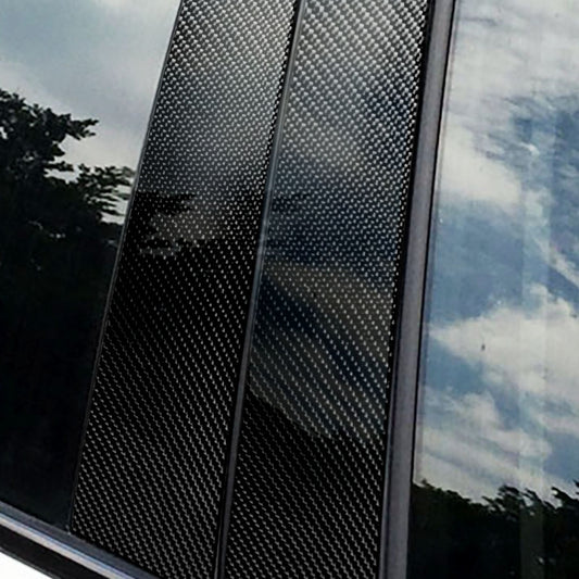 Installed black carbon fiber B-pillar stickers on a car door pillar with diagonal weave