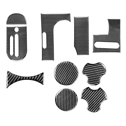 Carbon fiber gear console cup holder sticker set, multiple cutout pieces on white.