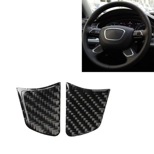 Pair of black carbon-fiber steering wheel button covers, curved shape, glossy weave