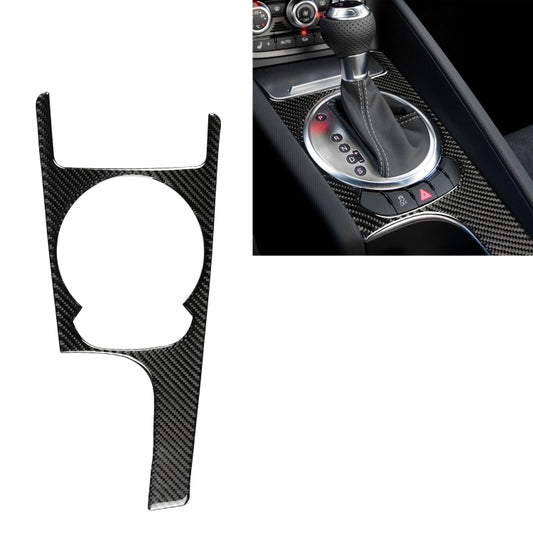Carbon fiber gear shift panel sticker with round cutout, black textured finish