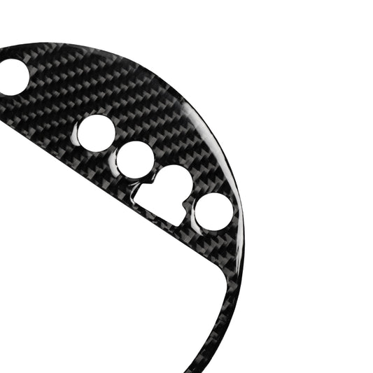 Carbon fiber gear shift position panel sticker close-up, curved edge with four holes