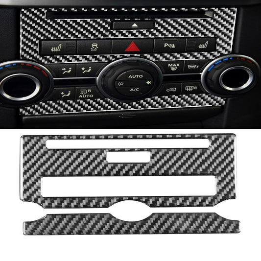 Carbon fiber central control CD panel sticker set with cutouts and adhesive backing, installed on dash