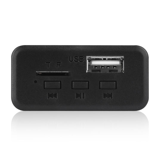 Black car audio decoder panel with USB and TF slots, AUX and control buttons