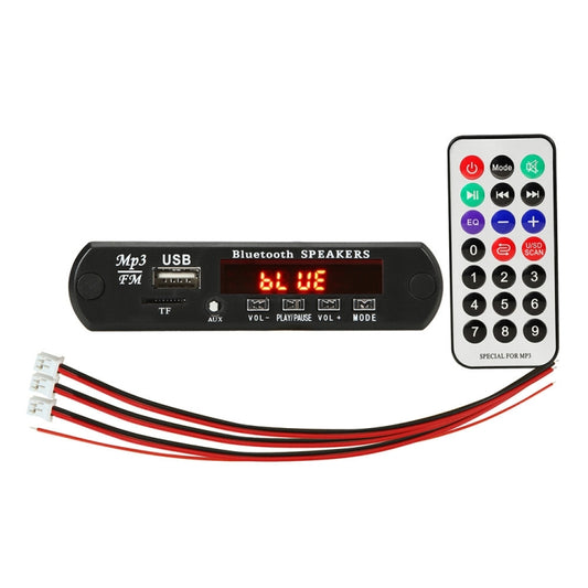Car Bluetooth MP3 decoder module with front panel, USB/TF/AUX ports and display; remote included